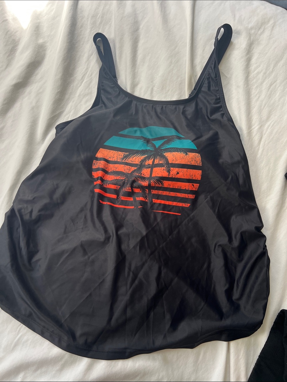 Bloom Chic Women’s Black Tank Swim Top with Sunset Palm Graphic